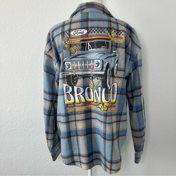 Ford Bronco Official Licensed Blue and Tan Plaid Flannel Shacket Size Large - Picture 1 of 10
